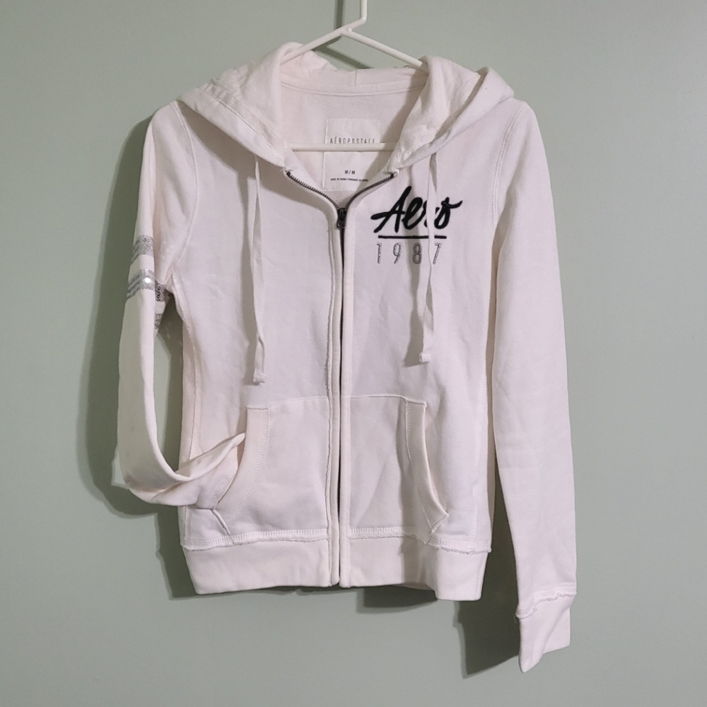 Aeropostale White Zip-Up Hoodie with sequin designs, size M
